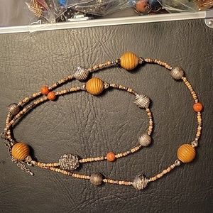 Vintage Premier Designs tagged, wood and metal bead necklace